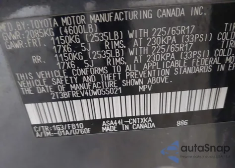 2013 Toyota Rav4 Le z USA, uszkodzony, nr VIN 2T3BFREV4DW055021